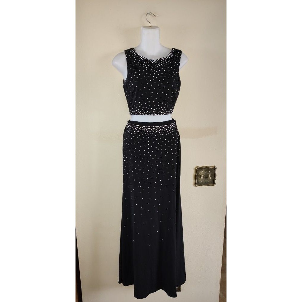 2 pc Women As U Wish Party Formal Cocktail Rhinestones Black Long Skirt Set Sz S